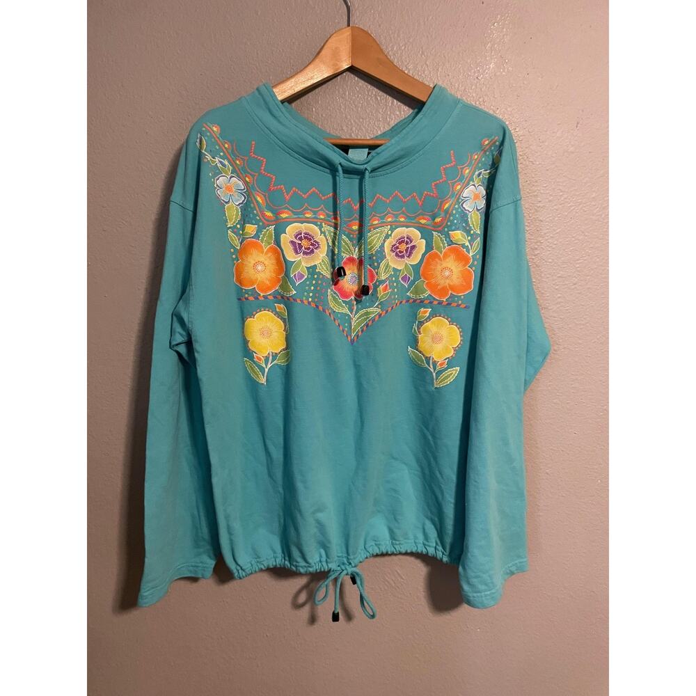 Sabaku Top Womens S/M Blue Hooded Floral Graphic Drawstring Hem Boho Artsy